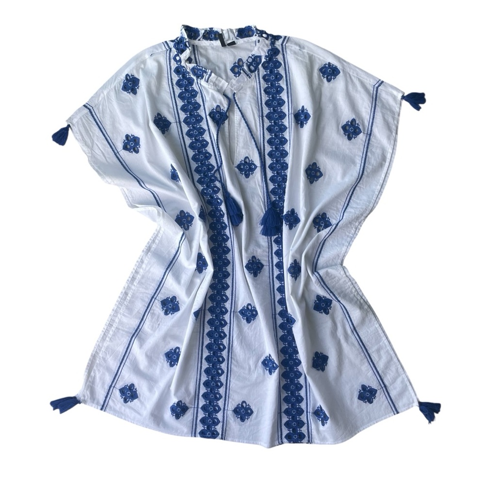 J Crew Bathing Suit Cover-Up Embroidered Blue Size M White and Blue